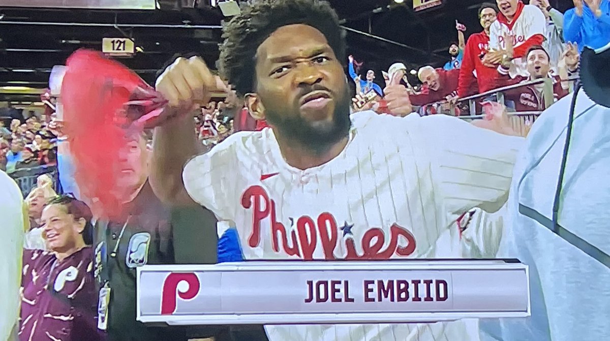 JClarkNBCS's tweet photo. Joel Embiid just did the Bryce Harper celly
#RedOctober https://t.co/78aBm8JlyP