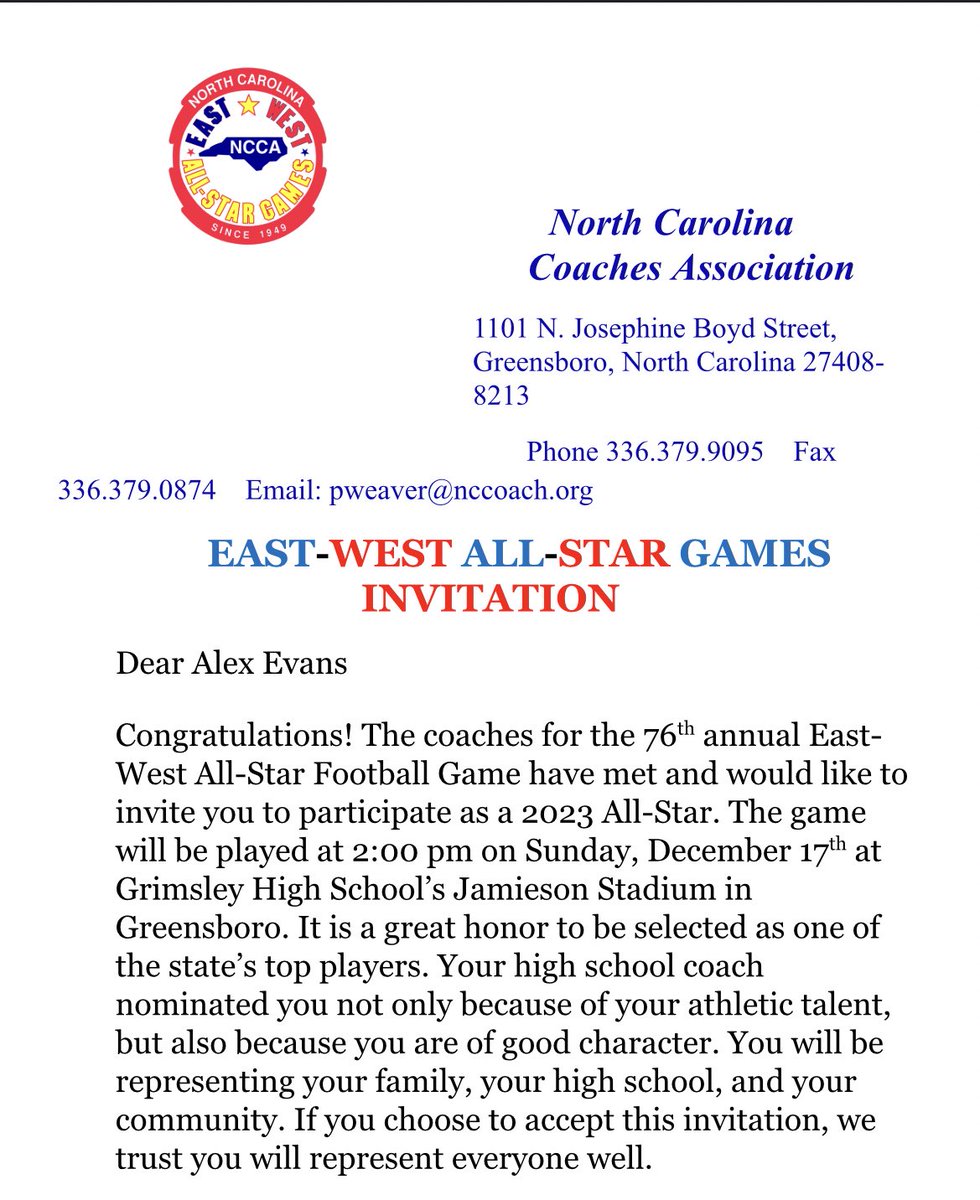 Alexand_Ev7's tweet photo. #AGTG Honored to have earned an invite to the 2023 NC East-West All-Star football Game! Beyond thankful for the opportunity. #clintonU https://t.co/brx7Sjbdwu