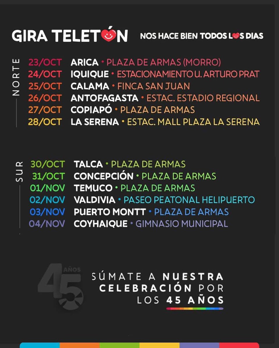 yayeloficial's tweet photo. Se viene la Gira Teletón 2023! 

#teleton #girateleton #chile #arica #iquique #calama #antofagasta #copiapo #laserena #talca #concepcion #temuco #valdivia #puertomontt #coyhaique https://t.co/EjcdQq77lP