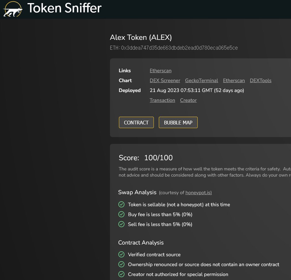 AlexMemeToken's tweet image. Alex Token has now been renounced. The contract does not have an owner,  and the team cannot edit it. Alex Token's Token Shifter audit score is  100/100. tokensniffer.com/token/eth/0x3d…