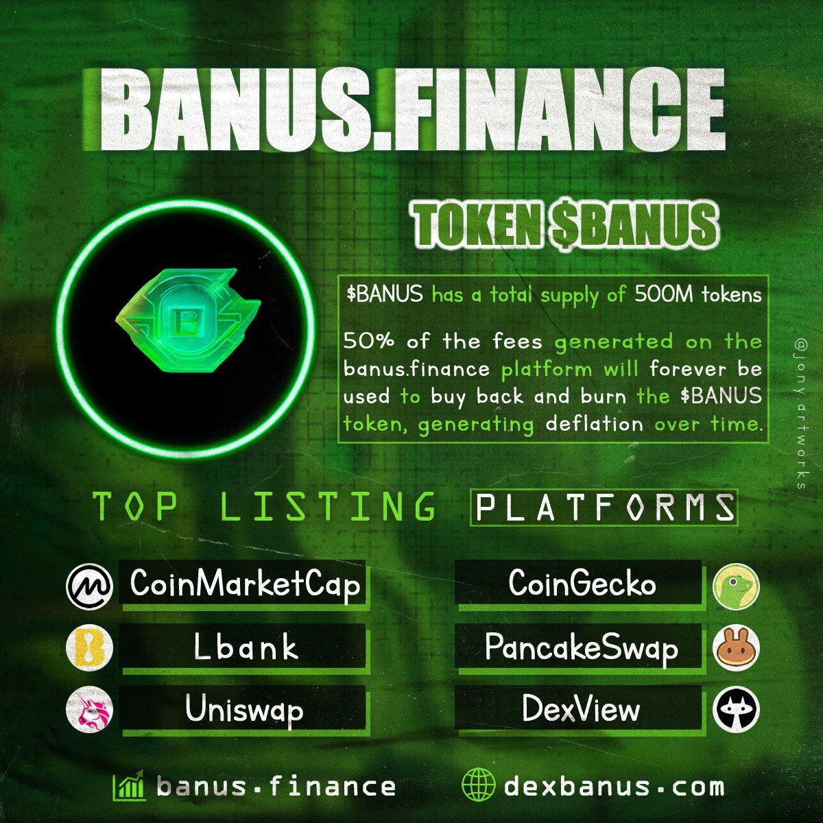 🎉 $BANUS The new decentralized token that supports low swap fees! 

This token is extremely deflationary! Half of the usage fees from DexBanus are allocated for repurchase and burning. 

Website: banus.finance

Twitter: x.com/DexBanus