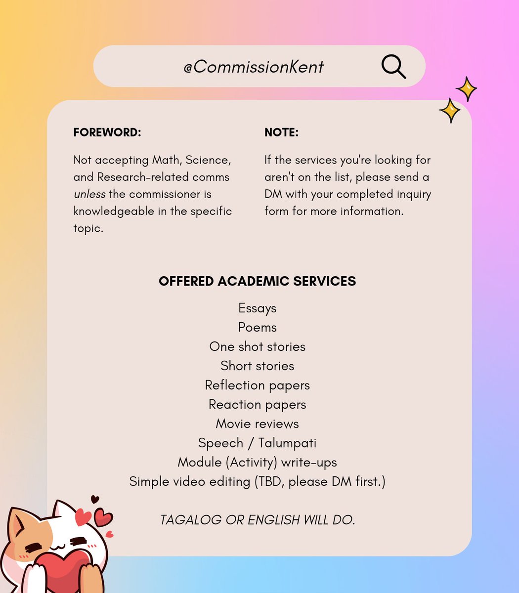 CommissionKent's tweet photo. Hey, peeps! 

Kent is open for academic commissions to assist you with school backlogs. Kindly read the commsheet below before sliding a DM to avoid confusion. 🙏

Gotcha, gals! 🩷 https://t.co/LJJIYFNwCa