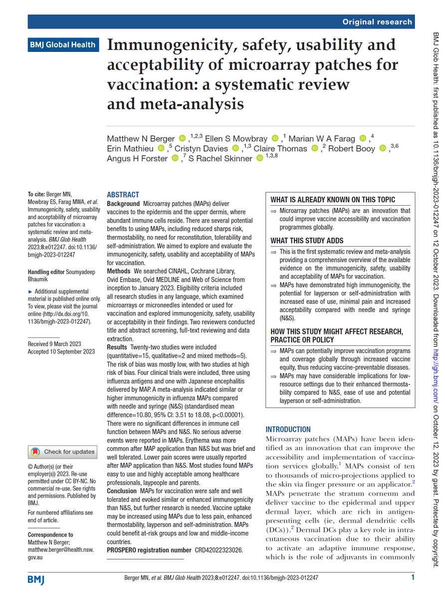 Excited to share our publication from my PhD, thank you to my co-authors.

Read here: dx.doi.org/10.1136/bmjgh-…

"Vaccine uptake may be increased using MAPs due to less pain, enhanced thermostability, layperson and self-administration." 
<a href="/srachelskinner/">Rachel Skinner</a> <a href="/cristyn_davies/">Dr Cristyn Davies</a> <a href="/ErinMathieu/">Erin Mathieu</a>