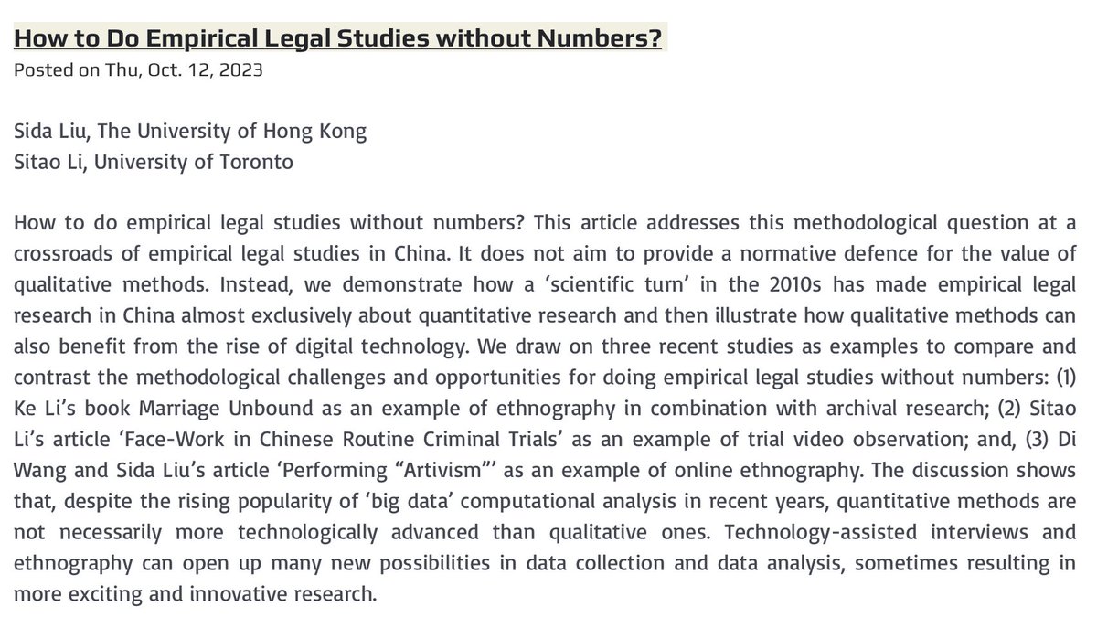 Read this new article by @ProfLiuSida & @li_sitao addressing the methodological question of how to do #empirical legal studies without numbers in #China. Chinese Law Blog: ccl.law.hku.hk/chinese-law-bl… Chinese Law eJournal: papers.ssrn.com/sol3/papers.cf…