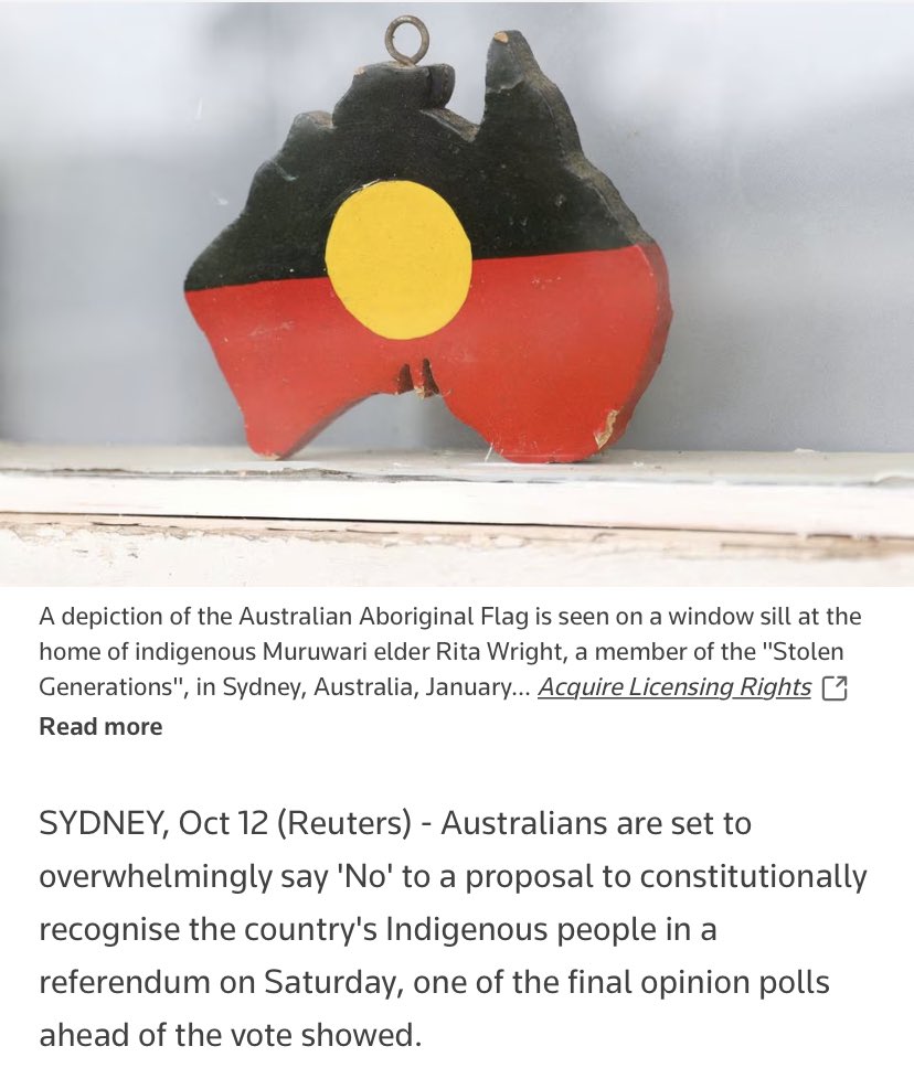 This first paragraph from Reuters will be how many foreign news organisations frame the Voice vote, which will be hugely damaging to the country’s reputation: a rejection of recognizing indigenous Australians in the country’s constitution.