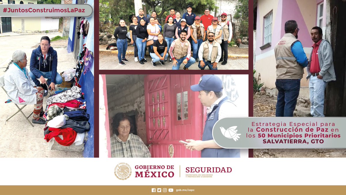 SSPCMexico's tweet photo. Con la Estrategia para la #ConstrucciónDePaz en los 50 municipios prioritarios, brigadistas de @GobiernoMX y ayuntamiento de #Salvatierra atienden a familias en la colonia Presa de San Juan, en materia de bienestar🙌, educación📚, salud🩺 y trabajo🏭.
#JuntosConstruimosLaPaz 🕊️ https://t.co/H8B1Iaaa3G