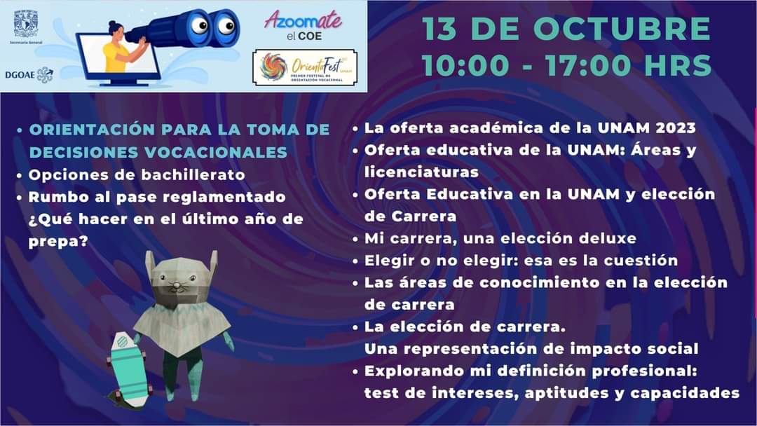 unamorienta's tweet photo. 💥ACTIVIDADES VÍA ZOOM / ORIENTAFEST UNAM 2023💥
Mañana viernes 13 de octubre, de 10:00 a 17:00 hrs.

🚨¡¡Último día de actividades síncronas, no te las pierdas!!
#orientafestunam2023 

✅ Consulta la cartelera e ingresa en:
https://t.co/kczyVtKwiv

📱EXPERIENCIA VIRTUAL https://t.co/kxduCVYqh5