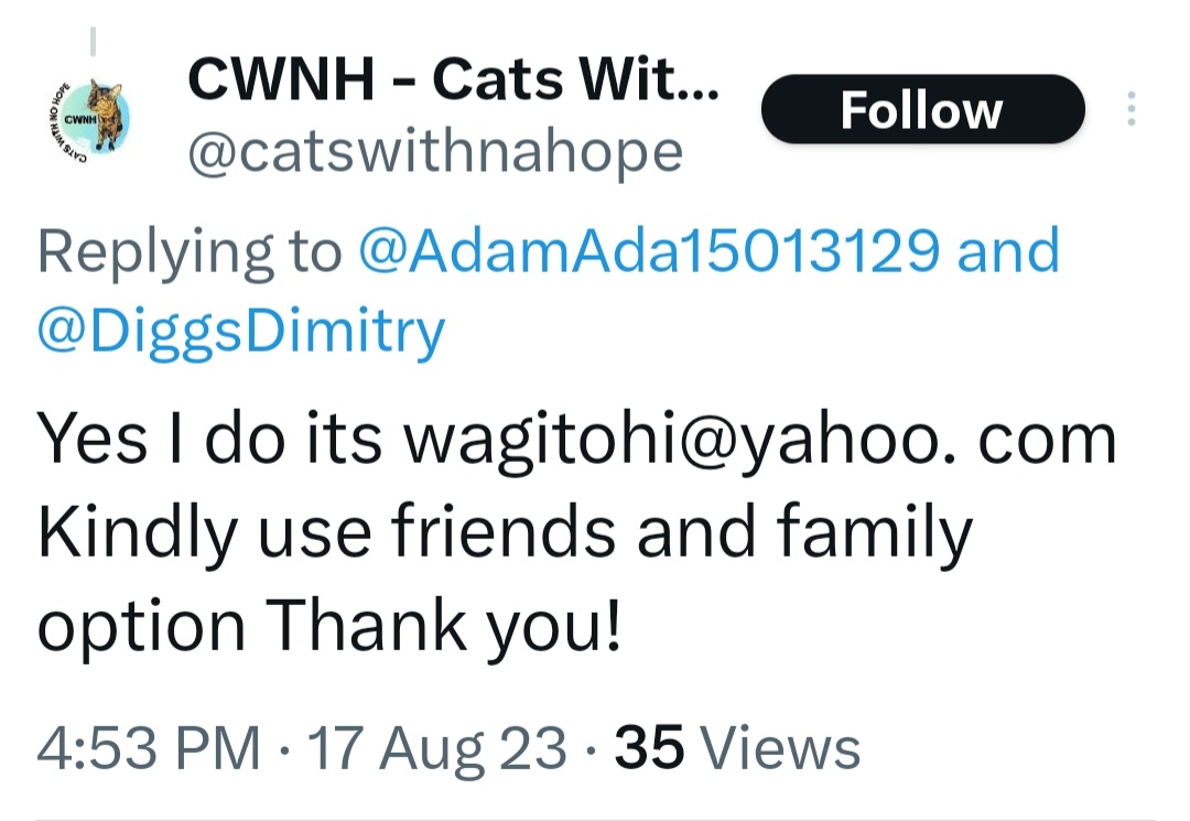 catswithnohope's tweet photo. I am wondering why help is very low.... This is why!!!!
Take notice of how the no is being spelled!!!
Below is a Scam account This ia not me.

CWNH WILL NEVER ASK YOU TO SEND HELP TO ANOTHER EMAIL
OUR EMAIL ALWAYS REMAINS THE SAME

CATSWITHNOHOPE@GMAIL.COM https://t.co/6VkhJgWMdx