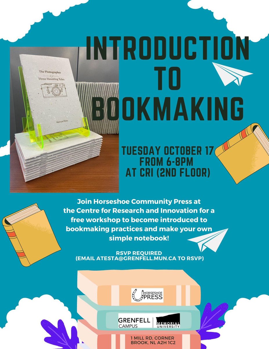 Join us for a free workshop in bookmaking and take home a notebook you made yourself! RSVP to atesta@grenfell.mun.ca to register. Brought to you by our friends at the Horseshoe Community Press!