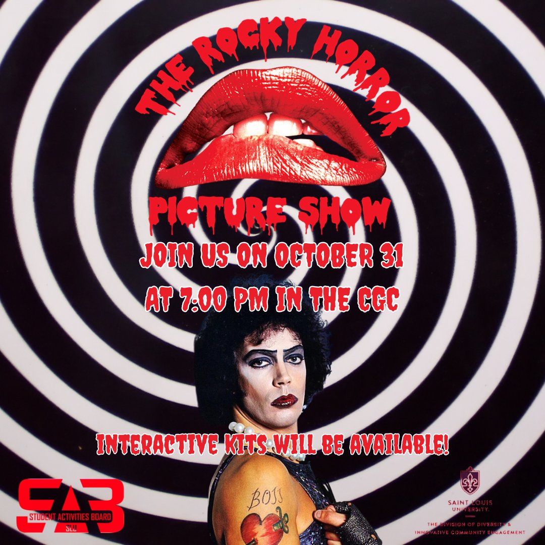 Let us take you on a strange journey... join us on Halloween (10/31) to watch Rocky Horror! The showing will start @ 7:00 in the CGC. Like last year, we will provide interactive kits! Let's do the time warp again and come to our second annual showing! (collaboration with DICE)