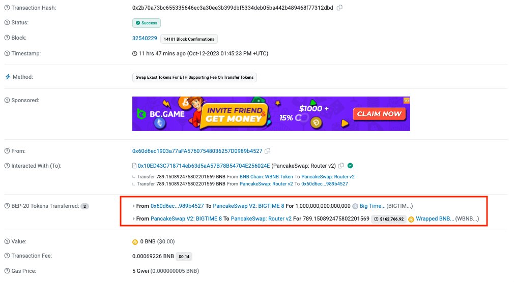 #PeckShieldAlert #slippage Big Time #BIGTIME on #BNBChain has dropped -100%  
0x60d6...27To has swapped 1,000,000,000,000,000 $BIGTIME for ~789.15 $BNB (worth ~$162.8K)
(The #rugpull token shares the same name as the legitimate ones)