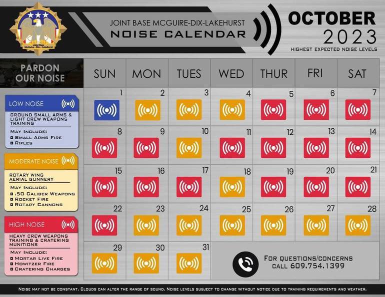 Please see the attached Noise Calendar for Joint Base Mcquire-Dix-Lakehurst. High Noise is anticipated tonight and several nights over the next week.
