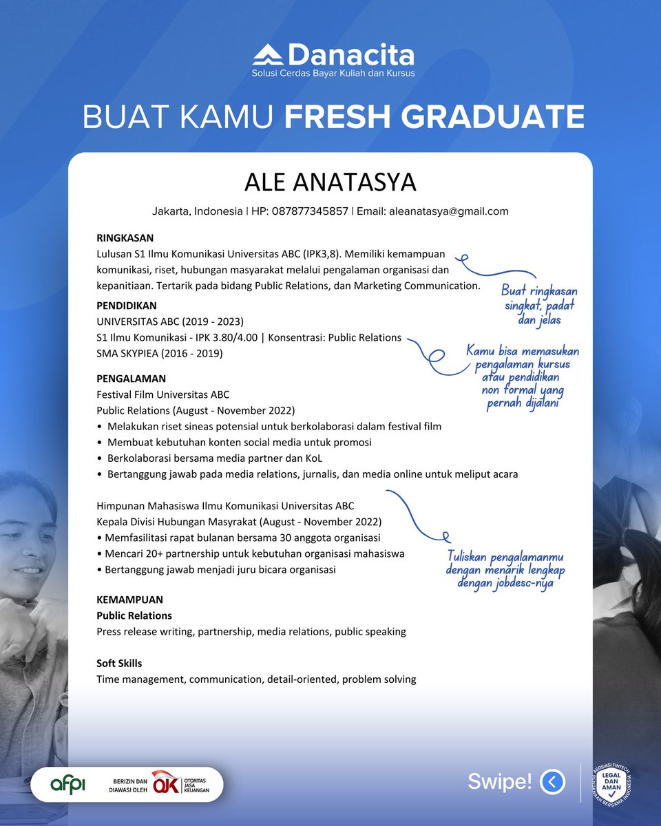 Danacita_id's tweet image. Siap-siap diterima Kerja dengan CV Keren ini! 😎🚀

#danacita #freshgraduate #lamarankerja #infoloker #lowongankerja #cvmenarik
