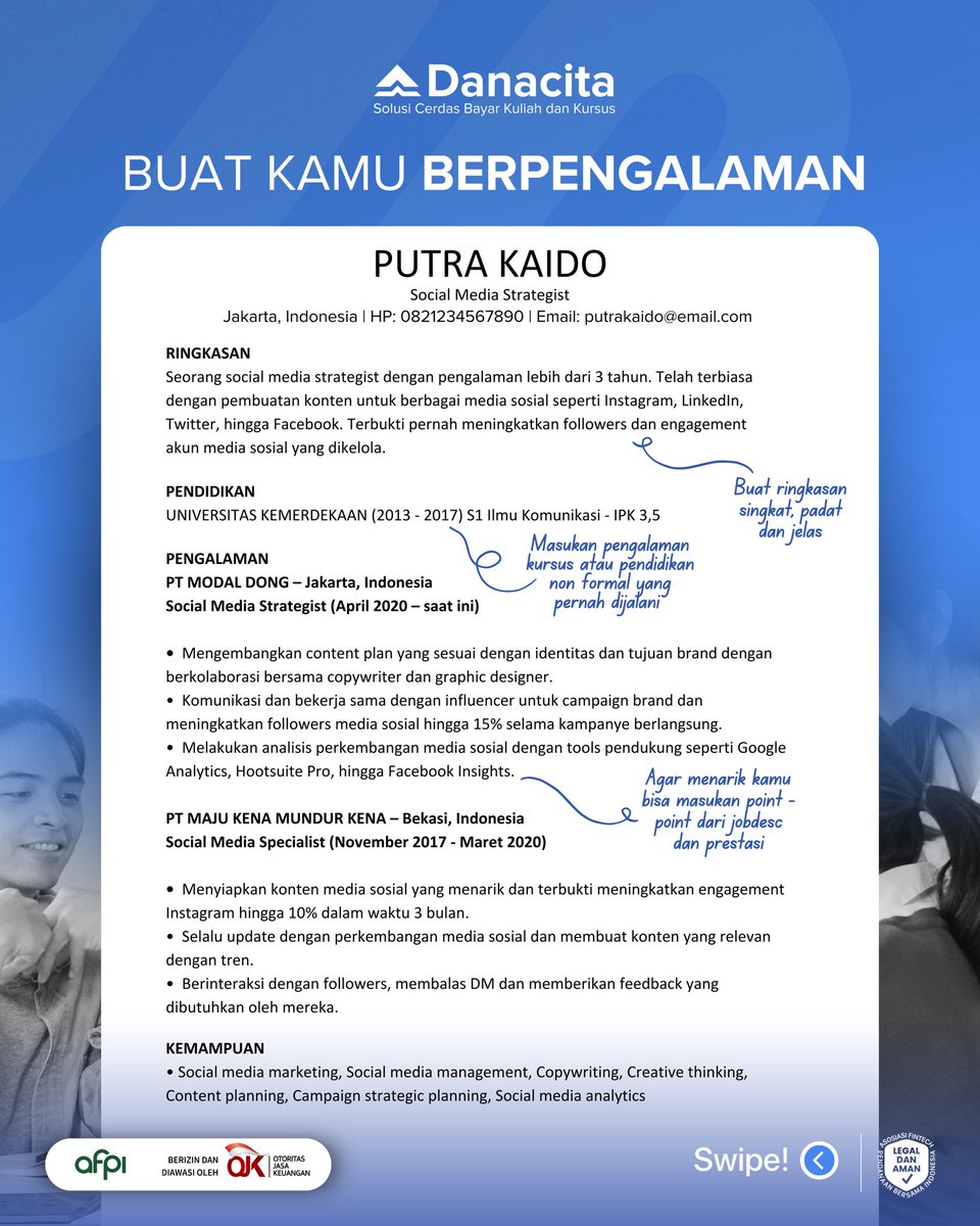 Danacita_id's tweet image. Siap-siap diterima Kerja dengan CV Keren ini! 😎🚀

#danacita #freshgraduate #lamarankerja #infoloker #lowongankerja #cvmenarik