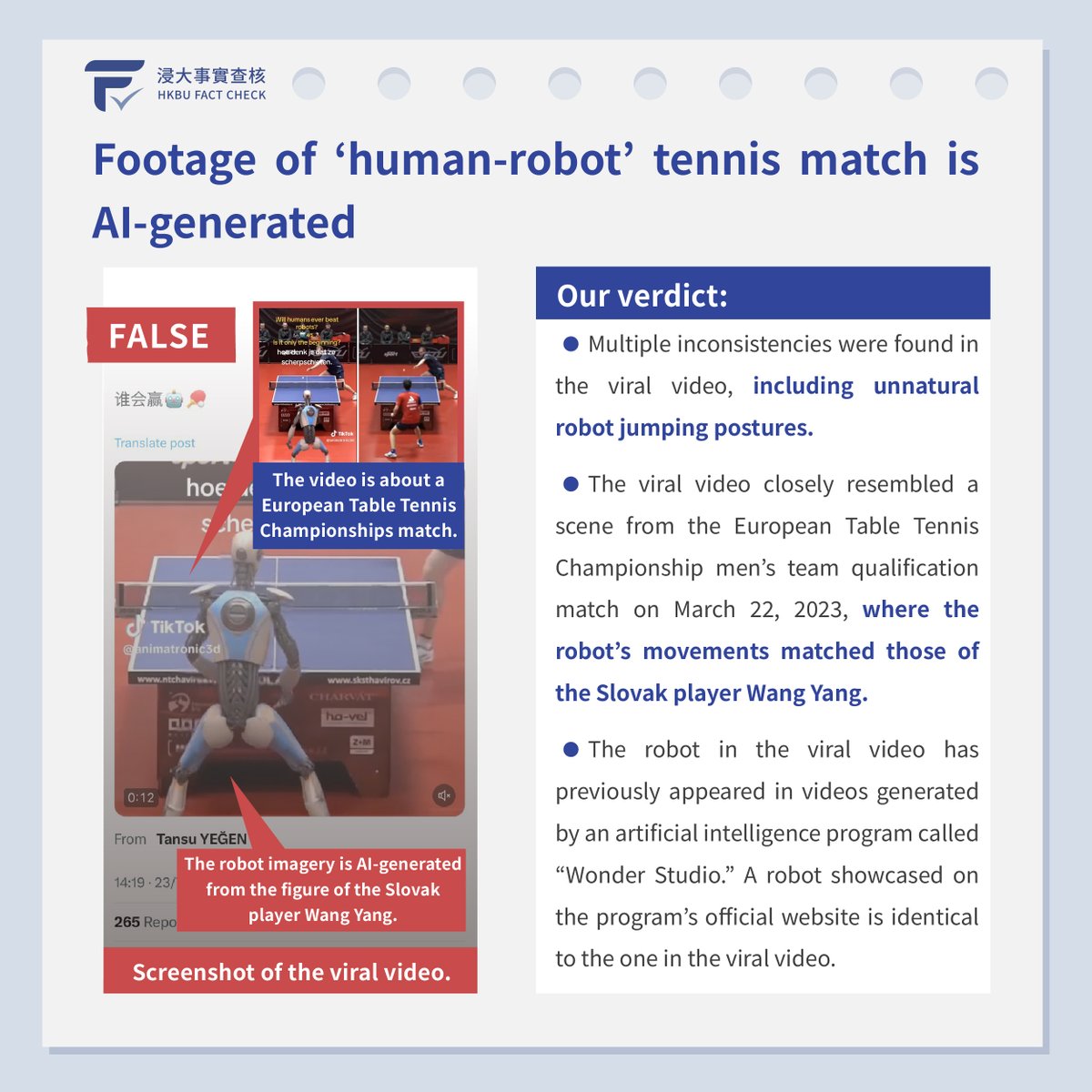 HKBUFactCheck's tweet photo. The viral video depicting a human-robot table tennis match is not genuine. The robot in the video is AI-generated. #bufactcheck Full report: https://t.co/sc8lMpCNx4 https://t.co/FGfJH7UPcZ