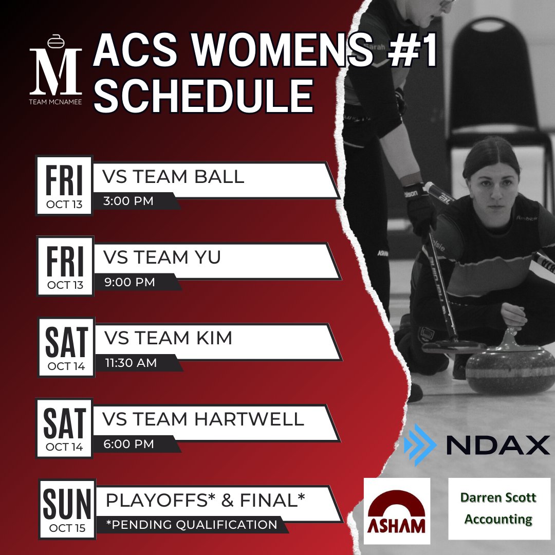 team_mcnamee's tweet photo. Our first event of the season is here! We are heading to the @curlbeaumont for the ACS Womens #1 event. There are some great teams there, so it's sure to be a great weekend!

Our first game is tomorrow at 3:00 PM against Team Ball!

Follow the action on Curl Zone all weekend! https://t.co/UApohmbqUk