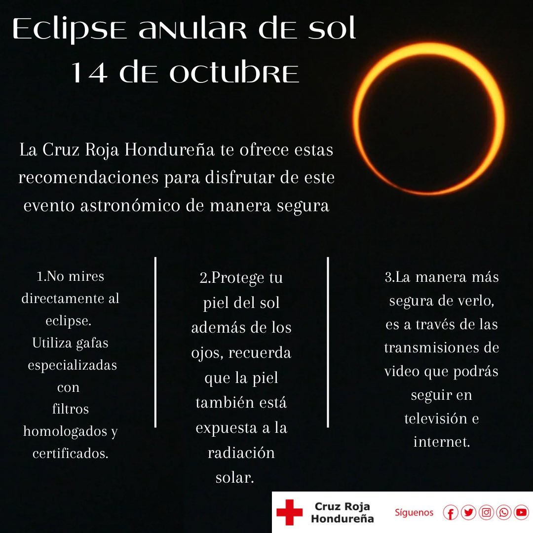 CRH_ElProgreso's tweet image. El próximo 14 de octubre, seremos testigos de un fenómeno astronómico único.🌑☀️
Pero la seguridad siempre es nuestra
🤝 Comparte estas recomendaciones con tus amigos y familiares para que todos disfrutemos del eclipse de forma segura.
@ICRC @IFRC_es
