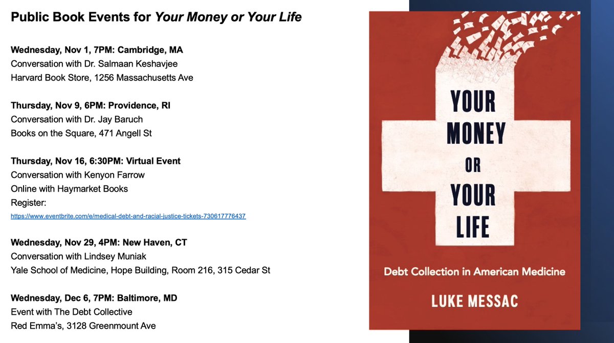 My book, Your Money or Your Life, is coming out Nov 1. It would be so great to see you on the tour! All the events below are free and open to the public. More dates and cities to come. You can register for the Nov 16 online event here: eventbrite.com/e/medical-debt…