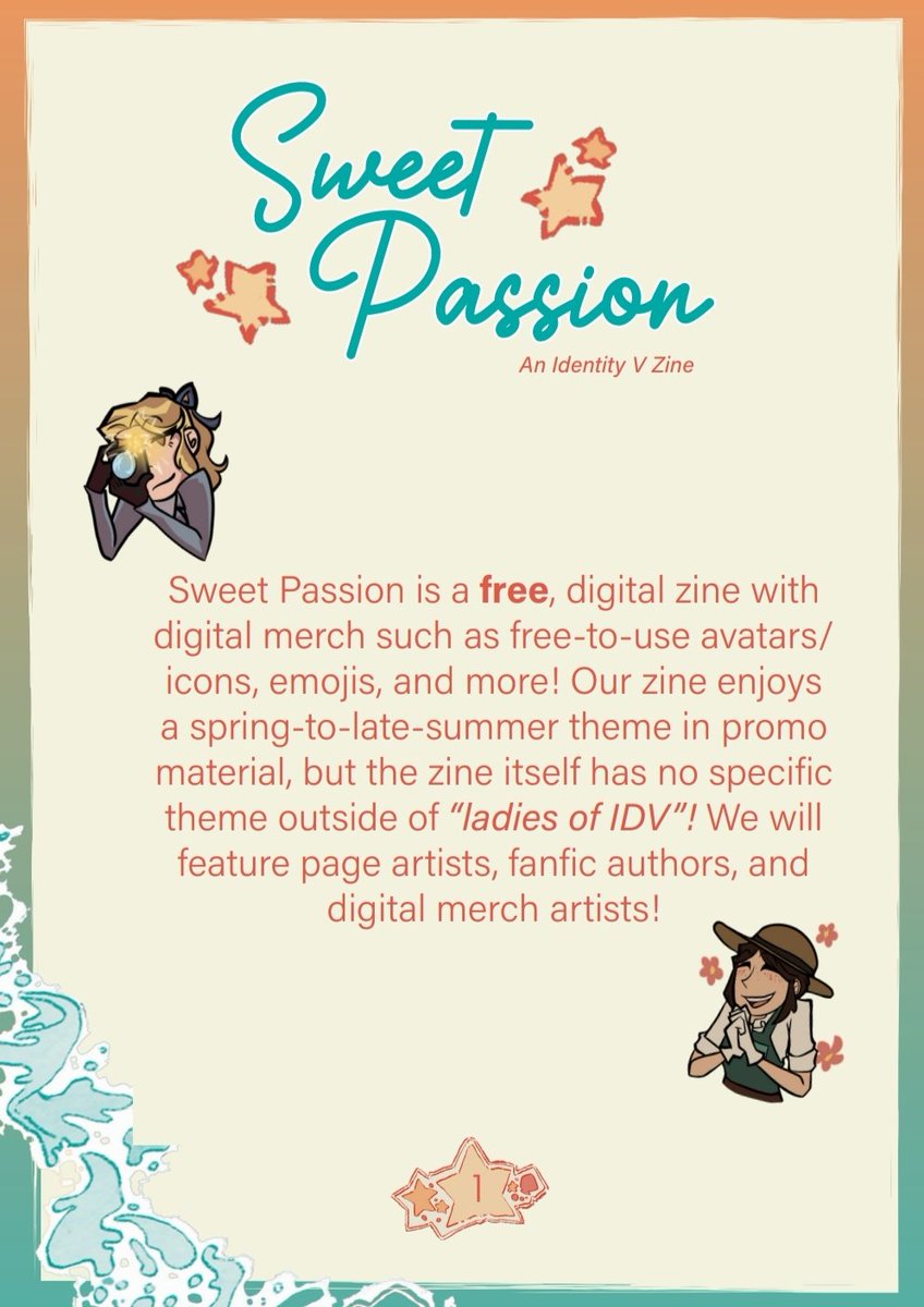 IDVsweetpassion's tweet photo. SWEET PASSION: An IDV Ladies Zine is now available for download! 🏖 🌊
————————————————
Enjoy this FREE zine with 60+ pages of work centered around the ladies of Identity V, including written work and digital merchandise! 
———————————————— https://t.co/0Ccw2vcV2U https://t.co/xcQQAPCkkY