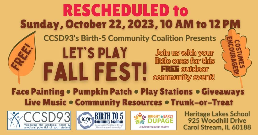 With rain and thunderstorms forecasted for the next few days up to and including our originally scheduled event date of 10/14/23, we've rescheduled the Let's Play Fall Fest to Sunday, October 22 from 10:00 a.m. until noon. We hope you can make it to the rescheduled event!