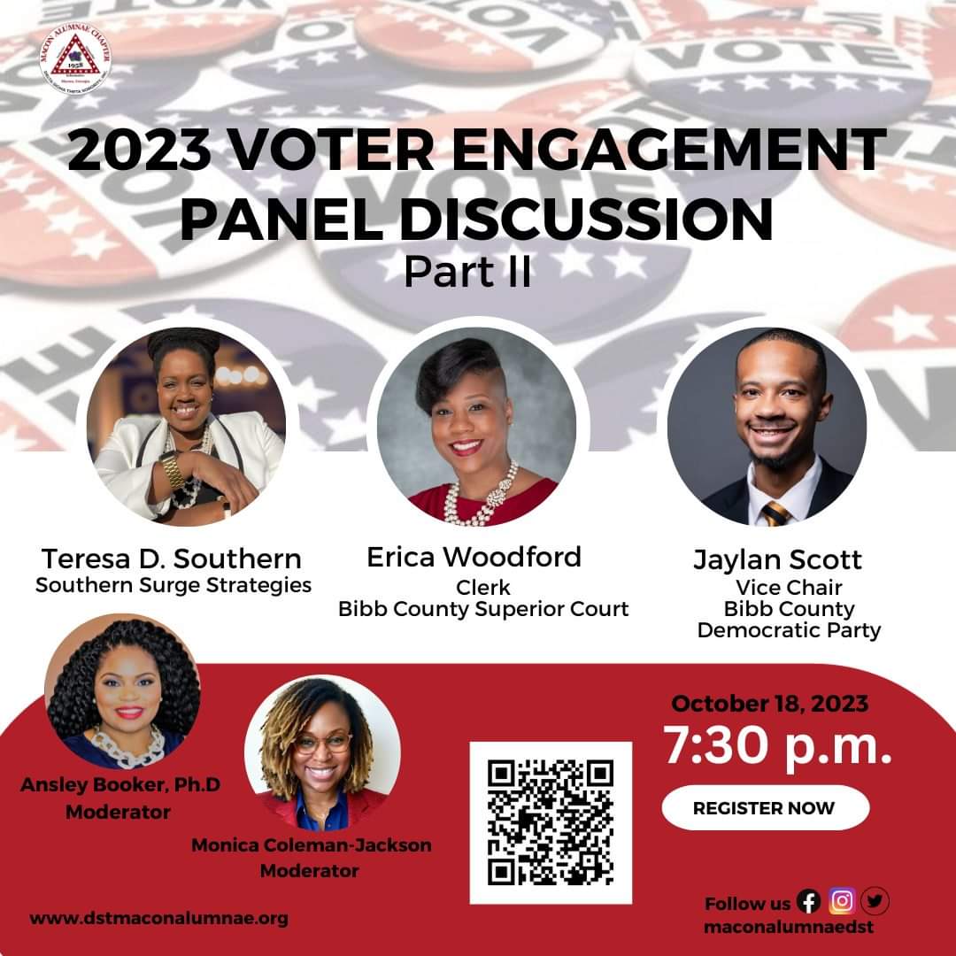 MaconAlumnaeDST's tweet photo. Join this distinguished panel for Part II of our voter and civic education workshop. We will discuss ways to empower local citizens to aspire to civic engagement and community leadership.
#MACnificent #MACDST #WeAreSocialAction #PowerInOurVoice https://t.co/TOJfTjZ8I2