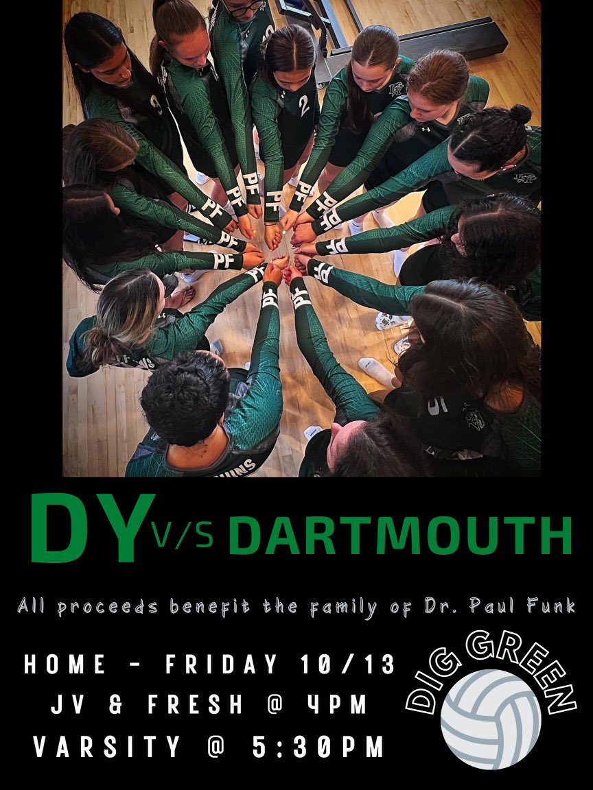 Dig Green game tomorrow night vs. Dartmouth in loving memory of our #1 fan Dr. Funk 💚 come help support DYVB wear your favorite green shirt and pack the gym! All proceeds will be donated to the Funk family! #forFunk #greenout #wemissyou 
<a href="/Dolphinathletic/">DOLPHIN ATHLETICS</a>