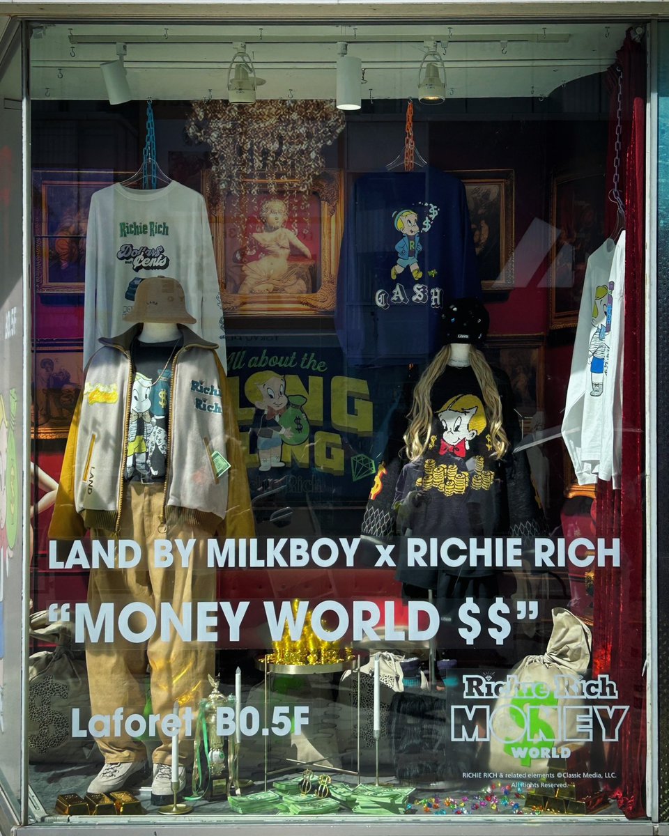 land_laforet's tweet photo. LAND by MILKBOY
2023 WINTER コレクション
『MONEY WORLD$$』
💸💎💸💎💎💎💎💎💸💎💸
ラフォーレ原宿正面玄関ウィンドウの『RICHIE RICH💰💎👦🏼』コラボ
のディスプレイが本日、最終日✨✨
まだご覧になられてない方は、ぜひ‼️
#LANDbyMILKBOY #RICHIERICH
#MONEYWORLD #ラフォーレ原宿 https://t.co/aLbVv8NK2S