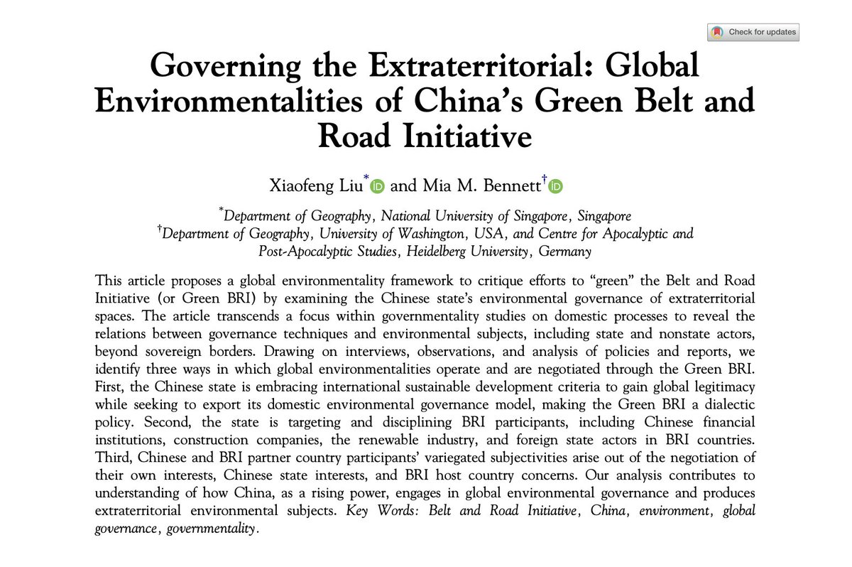 cryopolitics's tweet photo. New paper by @liu6xf in the @theAAG 📢

–Critiques China's Green #BeltandRoad
–Draws on dozens of interviews &amp; observations
–Introduces 'global environmentality' to unpack how🇨🇳 engages in 🌐 governance
–Explains how🇨🇳produces environmental subjects

Read➡️https://t.co/CYMiTVNypo https://t.co/5GzJFkqTG1