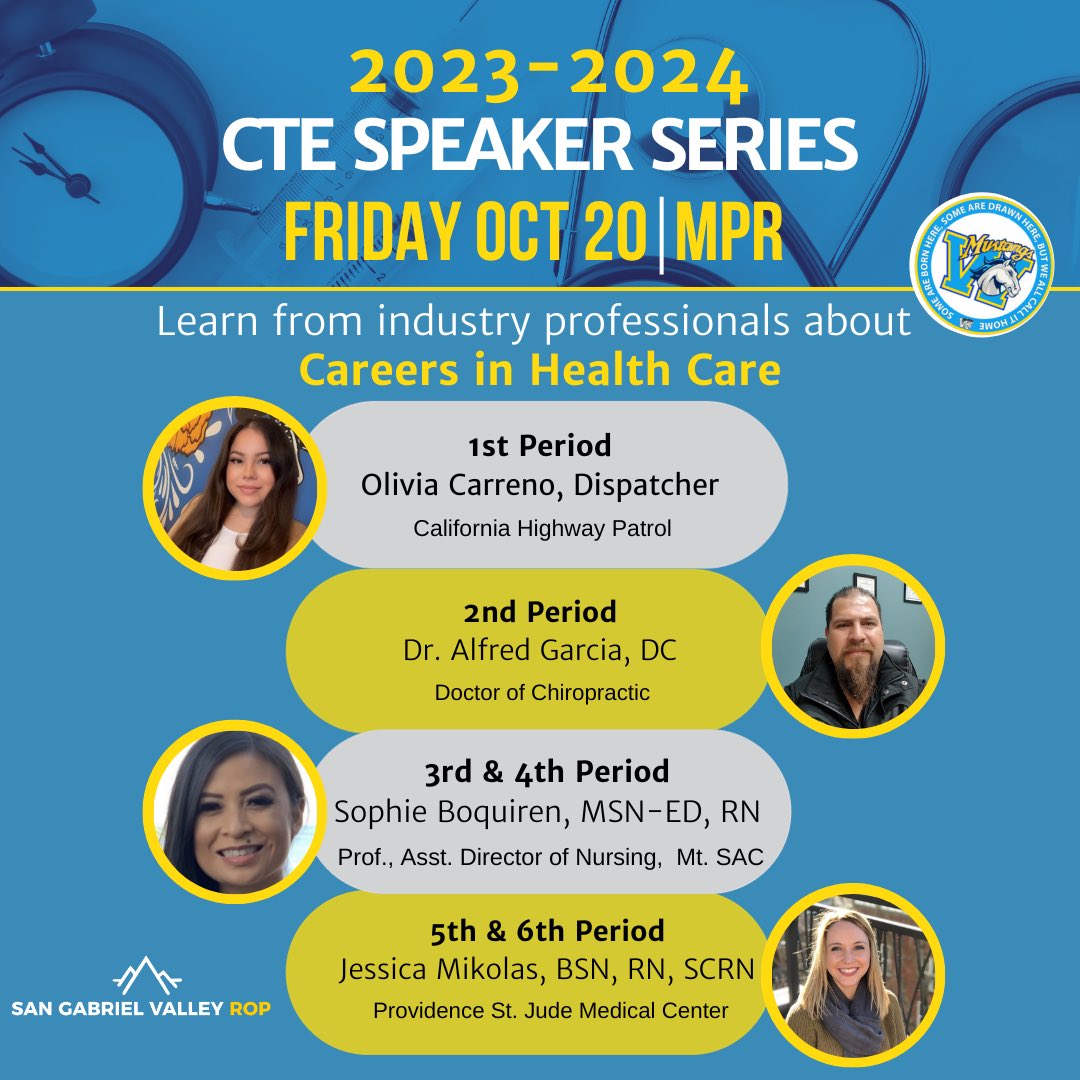 Hey Mustangs! Are you interested in the medical field? We have a blockbuster lineup for you next Friday, October 20th, in the MPR. Make sure to come ready with your questions. #mustangcte #careertechnicaleducation #CTE #MustangMedicine #Nursing #SportsMedicine @walnut_mustangs