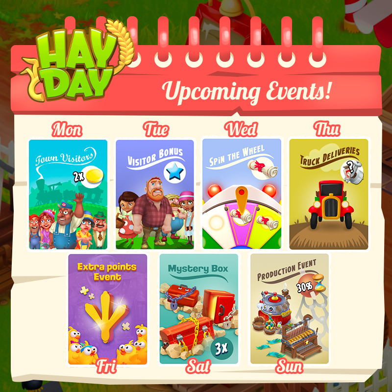 It's SPOOKY time! Enjoy Halloween Season along with these aMOOzing events!🎃

All events start at 8AM UTC

For more details on each event, please go to the event board!

Have an EGGcellent week!

#HayDay