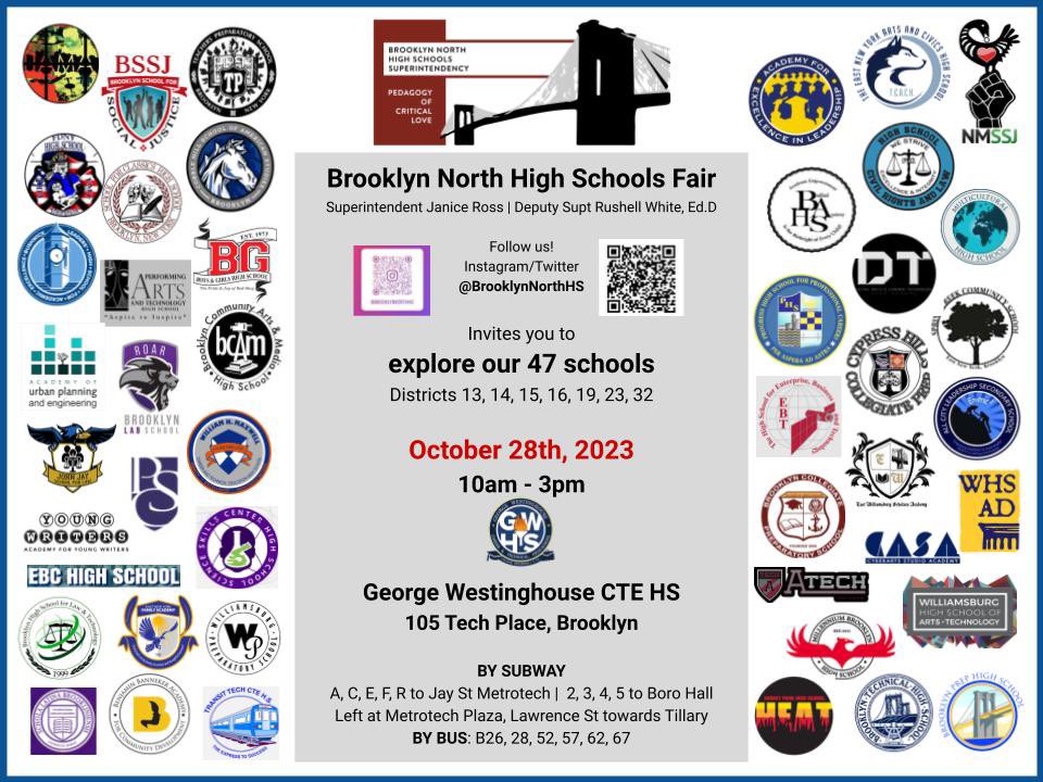 BrooklynNorthHS's tweet photo. Mark your calendars! 🗓️ The Brooklyn North High Schools Fair is happening 10/28 between 10 and 3 at Westinghouse CTE High School! Scroll ⬅️ for details in Spanish, French, Haitian Creole, Bengali and Chinese! 🧵⬇️ https://t.co/1jYxPOPD1p