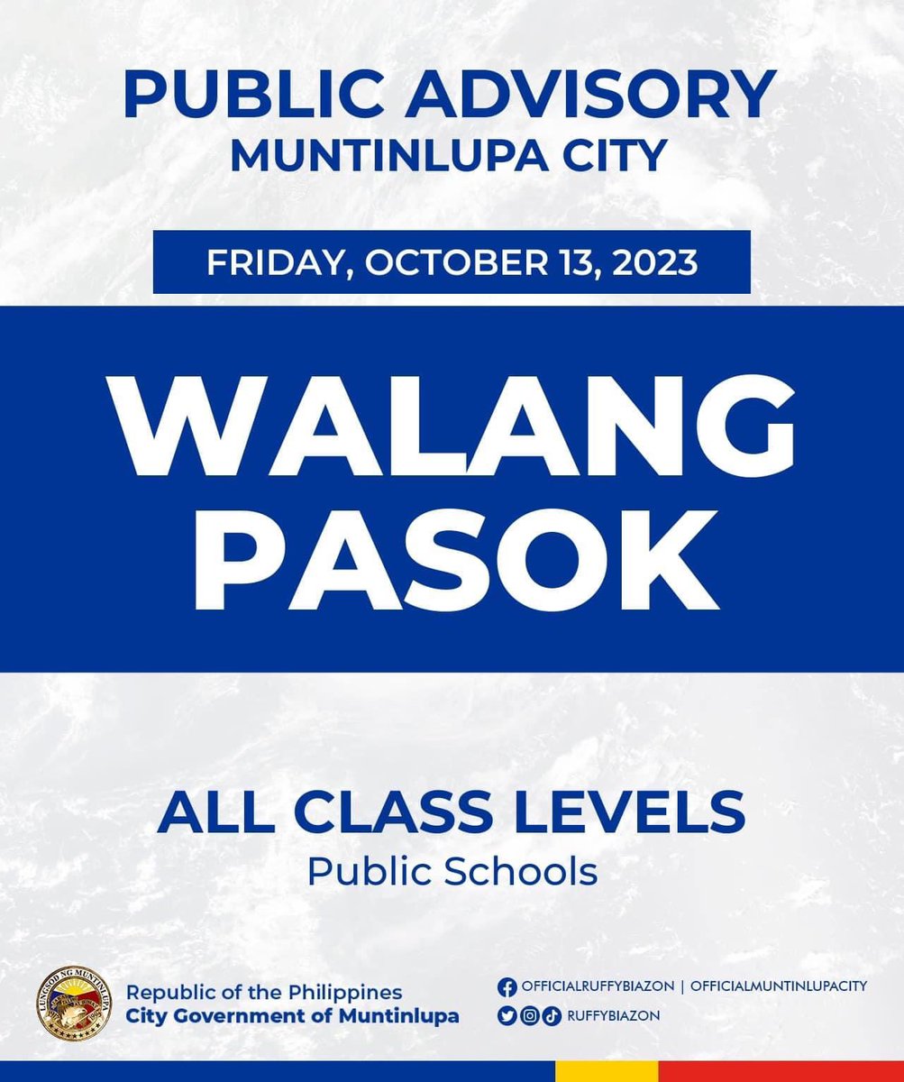 alexiuscalda's tweet image. #NOCLASS | Classes, all levels, in public schools, are suspended, today, October 13, 2023, to give way for the inspection of buildings after the reported Intensity IV earthquake in Muntinlupa.