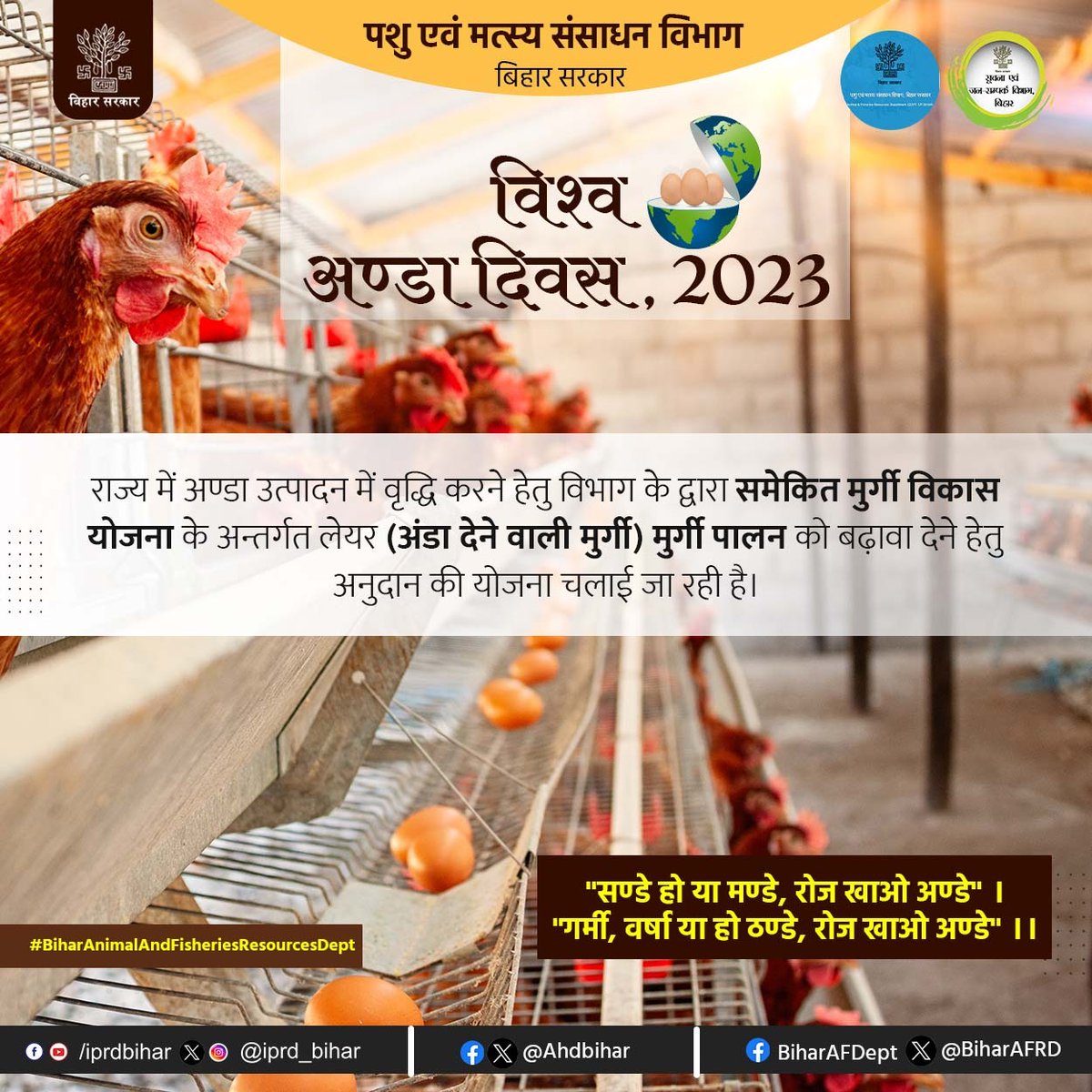 Animal & Fisheries Resources Dept., Bihar (@biharafrd) on Twitter photo विश्व अंडा दिवस 2023
अण्डा उत्पादन में वृद्धि करने हेतु विभाग के द्वारा समेकित मुर्गी विकास योजना के अन्तर्गत लेयर मुर्गी पालन को बढ़ावा देने हेतु अनुदान की योजना चलाई जा रही है।
<a href="/AfaqueKasbaMLA/">Afaque Alam</a>
<a href="/vijayaias/">nvijayalakshmi</a>
<a href="/Dept_of_AHD/">Dept of Animal Husbandry & Dairying, Min of FAH&D</a>
@AnimalBihar
@Ahdbihar
#पशुपालन_ज्ञान_पशुपालक_कल्याण
#Egg विश्व अंडा दिवस 2023
अण्डा उत्पादन में वृद्धि करने हेतु विभाग के द्वारा समेकित मुर्गी विकास योजना के अन्तर्गत लेयर मुर्गी पालन को बढ़ावा देने हेतु अनुदान की योजना चलाई जा रही है।
<a href="/AfaqueKasbaMLA/">Afaque Alam</a>
<a href="/vijayaias/">nvijayalakshmi</a>
<a href="/Dept_of_AHD/">Dept of Animal Husbandry & Dairying, Min of FAH&D</a>
@AnimalBihar
@Ahdbihar
#पशुपालन_ज्ञान_पशुपालक_कल्याण
#Egg