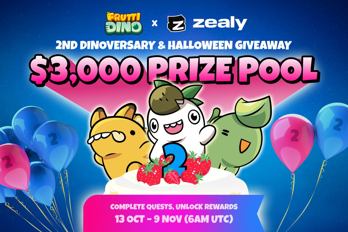 FruttiDino's tweet photo. 🎉 #FruttiDino 2nd Dinoversary &amp; #Halloween Giveaway🎂 

Complete @zealy_io  quests, climb the leaderboard, and grab your slice of #rewards!🏆

📅13 Oct-9 Nov (6am UTC)
🎁Up to $3,000
📚Details: https://t.co/zuw40g0sSc
📍Join now: https://t.co/wKB9fVV6Ku

#giveaway #airdrop https://t.co/2efc3w3Fjc
