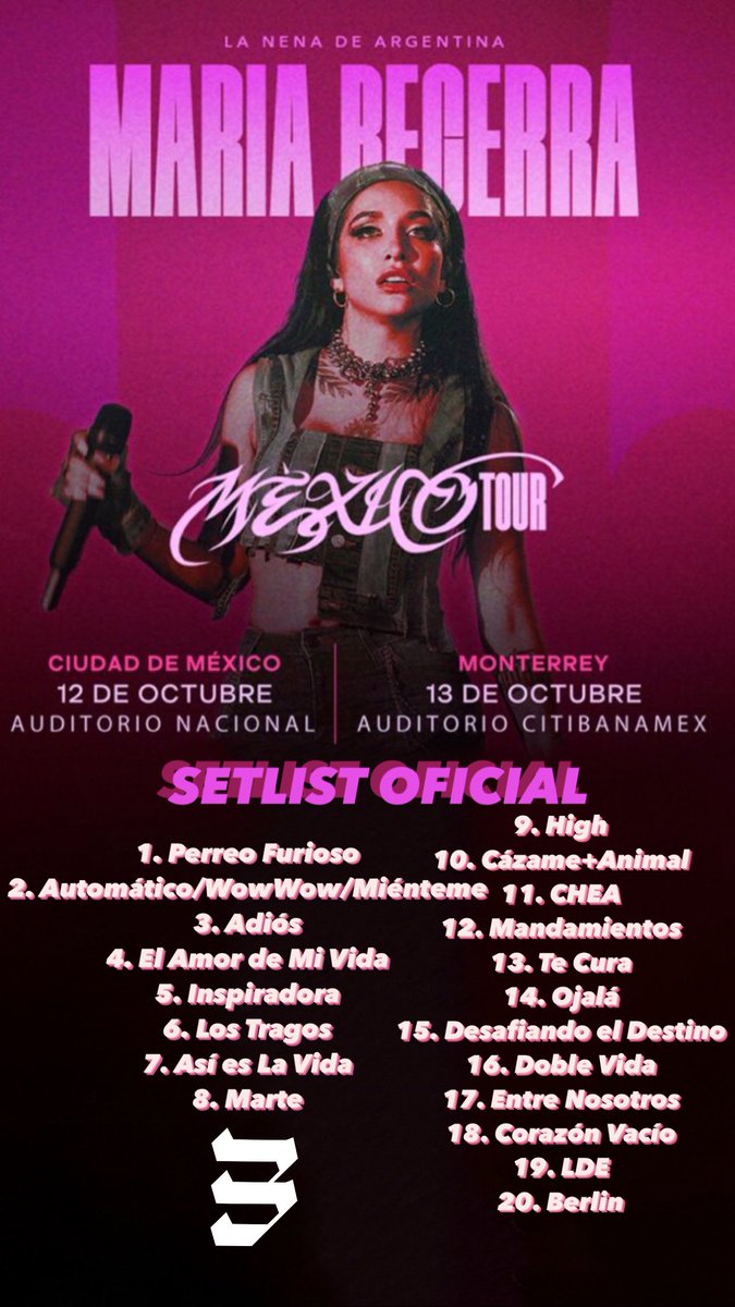 Les comparto el SETLIST OFICIAL de MARÍA BECERRA @ Auditorio Nacional 🏟️ CDMX 📍 12 de Octubre 🗓️

🚨 Repertorio con la lista de canciones que cantará esta noche 🚨

#Gira2023 #CDMX #México #Concert #AuditorioNacional #Concierto #LaNenaDeArgentina #MariaBecerra #MéxicoTour