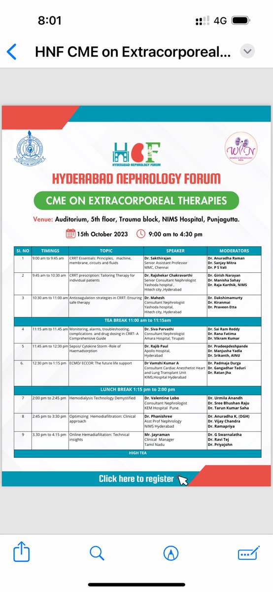 Join us on October 15th, 2023, for the Hyderabad Nephrology Forum CME on Extracorporeal Therapies at NIMS Hospital, Punjagutta. An enriching event awaits as we delve into crucial nephrology topics. Save the date! 📅🏥 @SwarnalathaGud2 @drmanishasahay @myadla @DrPSVali