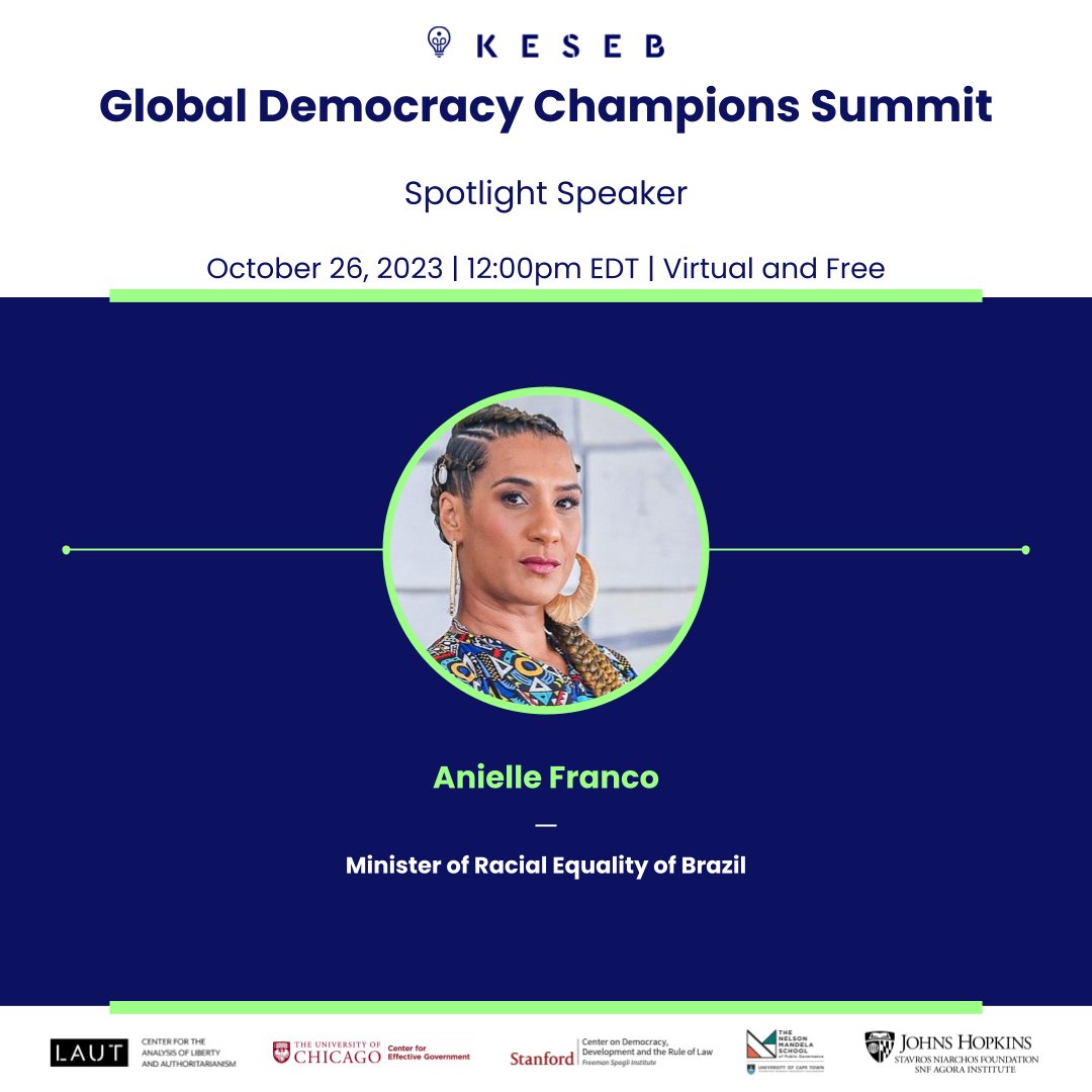 🌍 @aniellefranco, Brazil's Minister of Racial Equality, joins the upcoming Global Democracy Champions Summit as a spotlight speaker. Anielle fights for justice, racial equality, and human rights. Register here! #GlobalDemocracy #RacialEquality 🗳🤝

hopin.com/events/2023-ke…