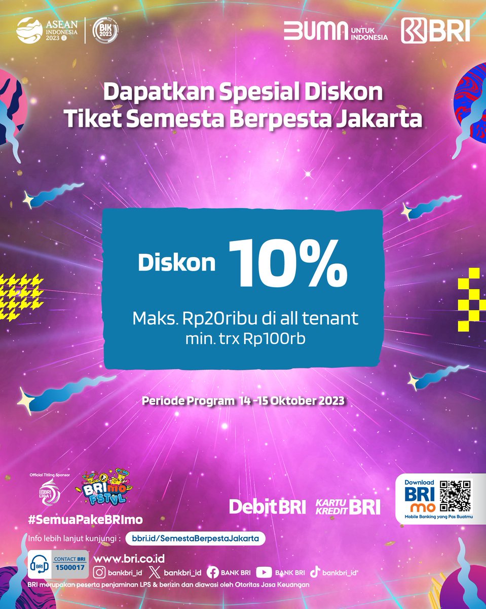 Sobat BRI,yuk join acara Semesta Berpesta di Ecopark Ancol!Langsung buka rekening BRI dan registrasi BRImo untuk menikmati berbagai reward menarik. Ditunggu kehadirannya di <a href="/semestaberpesta/">Semesta Berpesta</a> Kunjungi bbri.id/SemestaBerpest… #BRI #BRImo #BRImoFSTVL #SemuaPakeBRImo  #SemestaBerpesta