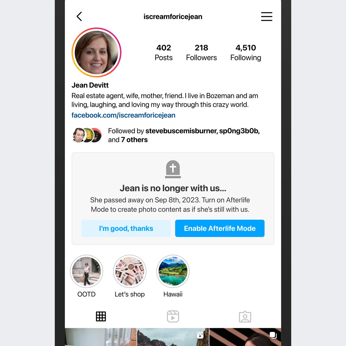 Instagram "Afterlife Mode" uses AI to continue posting photos of a user after they pass away