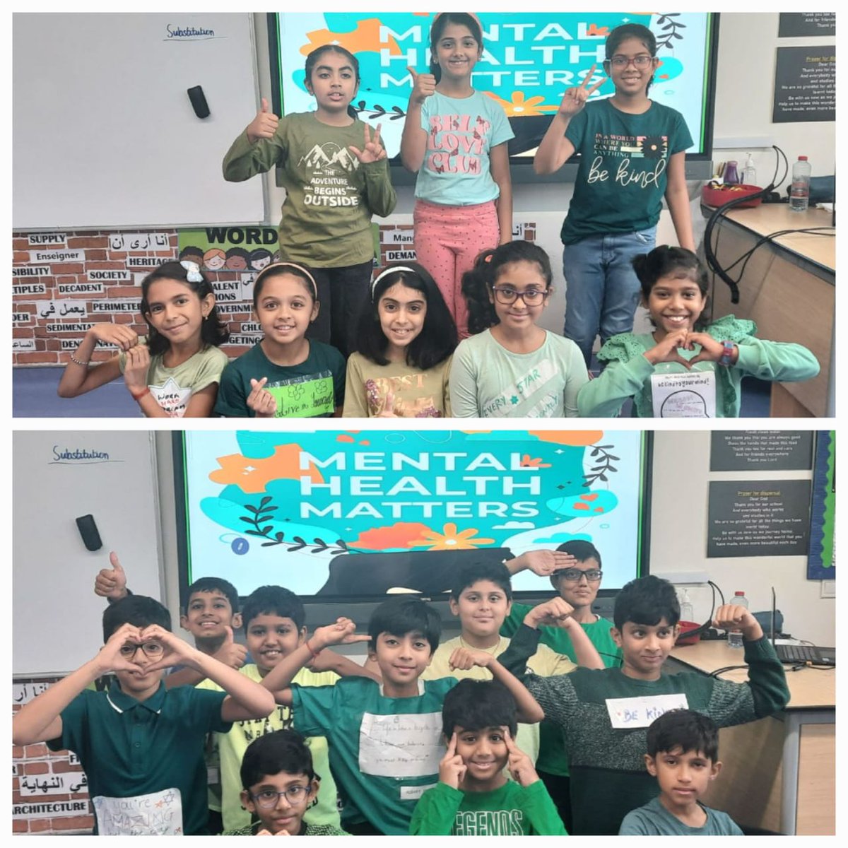 #RobustRangers Of grade4H dressed in green with positive affirmations as they marked World Mental Health Day.@ShettySampoorna @Fatima_Martin @nmsprimary @WorldMentalHealthDay