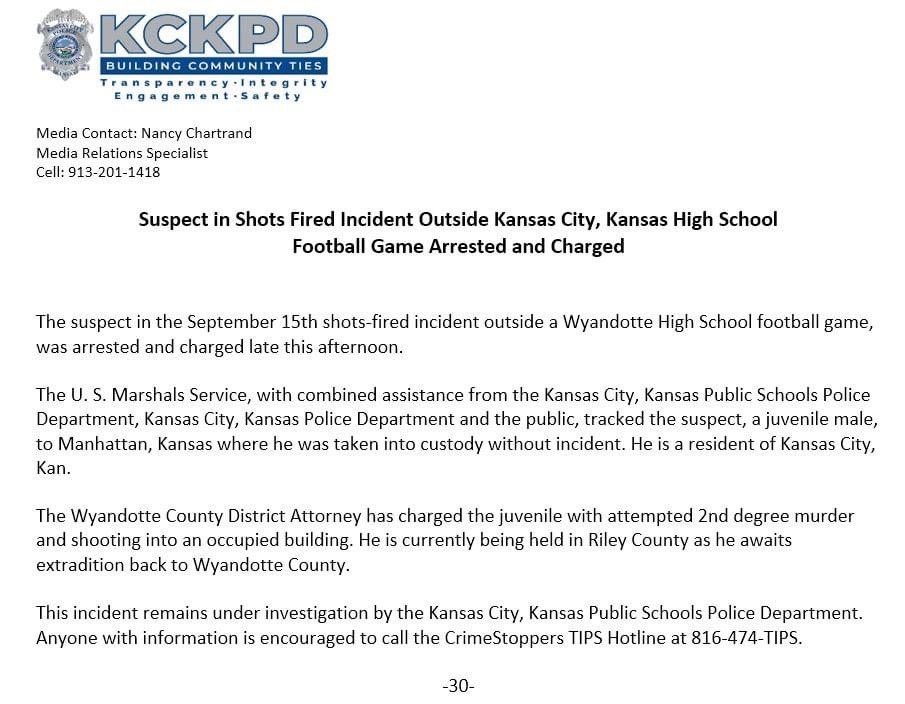 The suspect in the September 15th shots-fired incident outside a Wyandotte High School football game, was arrested and charged late this afternoon.