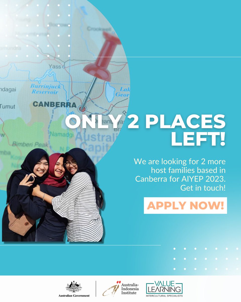 ONLY 2 PLACES LEFT!

Don't miss out on becoming a host family for the Australia-Indonesia Youth Exchange Program (AIYEP) 2023! 🏡

For more information on hosting for AIYEP visit:
➡️ valuelearning.com.au/host-an-aiyeper

#aiyep #hostfamily #aiyep2023 #canberra #exchangeprogram <a href="/dfat/">Department of Foreign Affairs and Trade 🇦🇺</a>