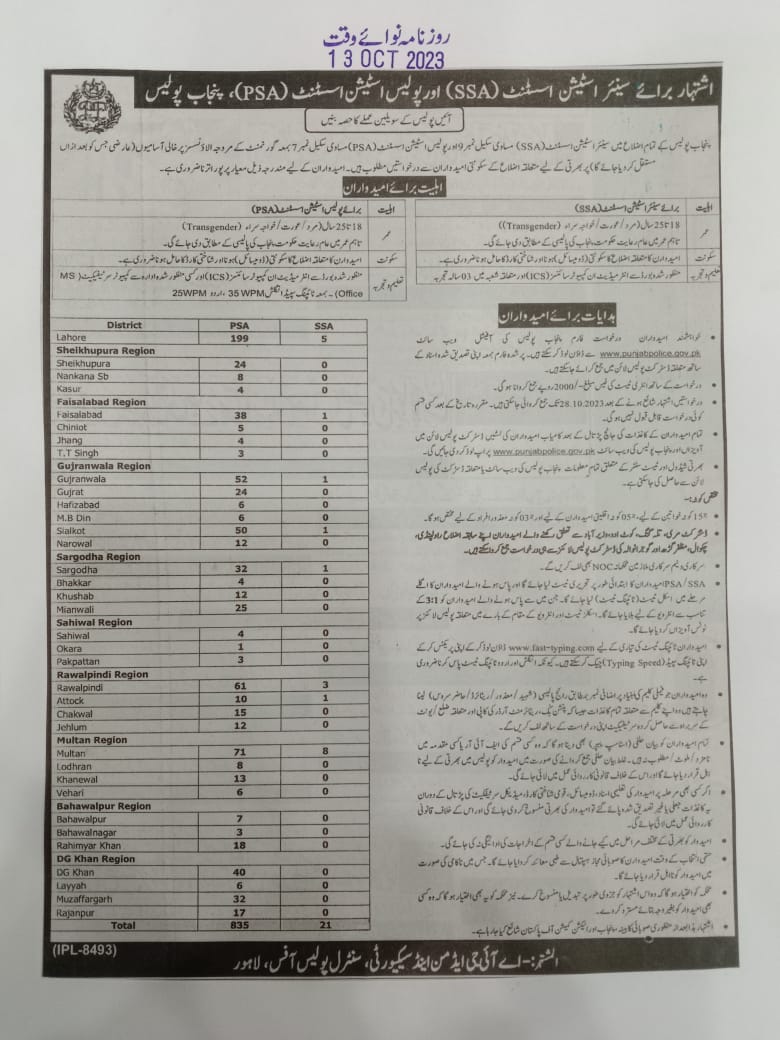 پنجاب پولیس میں 21 سنئیر اسٹیشن اسسٹنٹس اور 835 پولیس اسٹیشن اسسٹنٹس کی آسامیاں مشتہر کر دی گئی ہیں۔ 
بھرتی فارم پنجاب پولیس کی ویب سائٹ punjabpolice.gov.pk سے ڈاؤنلوڈ کیا جا سکتا ہے۔ درخواست جمع کروانے کی آخری تاریخ 28.10.2023 ہے۔
#PunjabPolice #Vacancy #Career