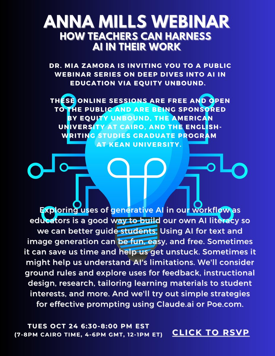 KUWP's tweet photo. Dr. Mia Zamora is inviting you to a public webinar series on Deep Dives into AI in Education via Equity Unbound.

1) 
https://t.co/5H9fEYFXvc
 
 2) https://t.co/wNfiSJO70b
 
 RSVP with the links provided &amp; reserve your virtual seat.

@keanenglish @keangradschool #unbound 💻 https://t.co/NxIX69dZQQ