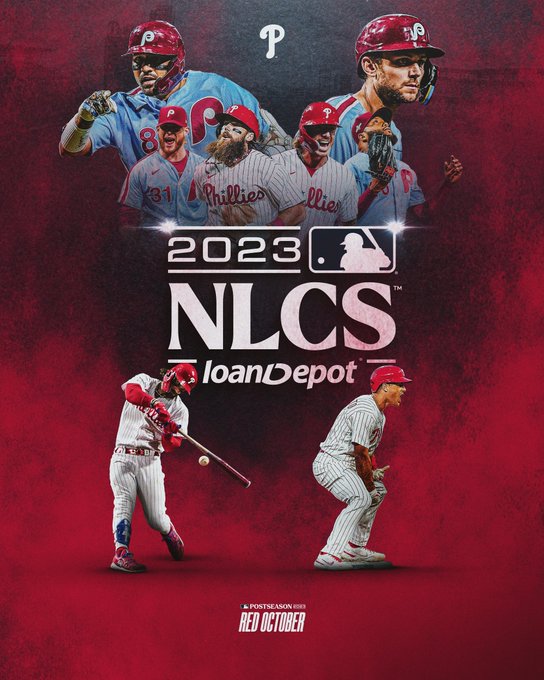 Graphic for the Philadelphia Phillies winning the National League Division Series and moving on to the National League Championship Series. There are six cutouts on the graphic: Nick Castellanos pointing, Craig Kimbrel yelling, Brandon Marsh running, Bryson Stott yelling, José Alvarado pointing up, Trea Turner looking to his right, Bryce Harper swinging and hitting a ball, and J.T. Realmuto celebrating. Castellanos, Kimbrel, Turner, and Alvarado are wearing the powder blue Phillies uniforms. Brandon Marsh, Bryson Stott, Bryce Harper, and J.T. Realmuto are wearing the red pinstripes Phillies uniforms.