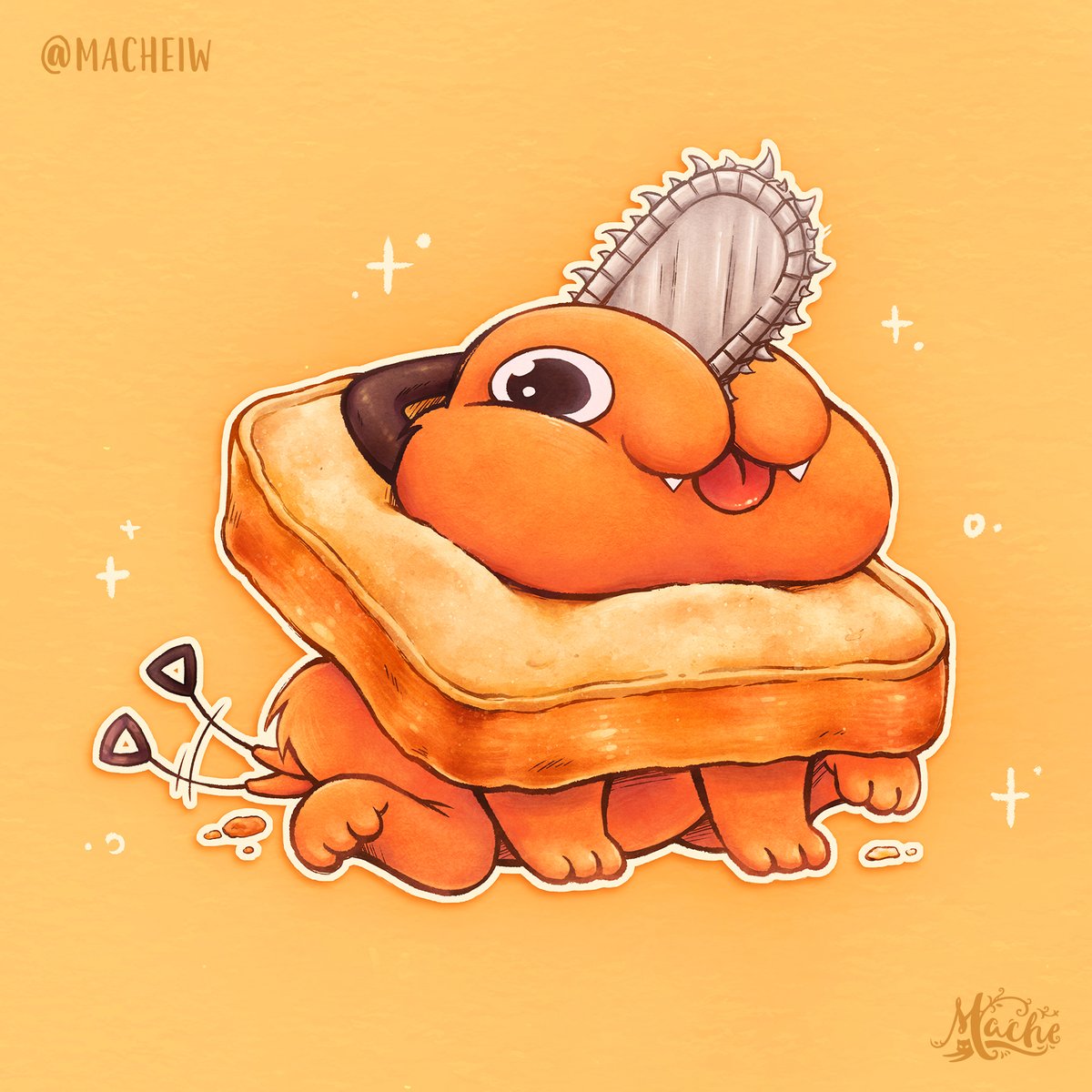 Macheiw's tweet photo. Pochita's dream Halloween costume (?) 👻🍞 (or what Denji would have loved to gif the little guy...)

#pochita #pochitachainsawman #pochitafanart #chainsawman #chainsawmanfanart #fanart #chibi
#stickerdesign #animestickers #cutestickers #chibiart #breadface https://t.co/EHu8L3YGGD