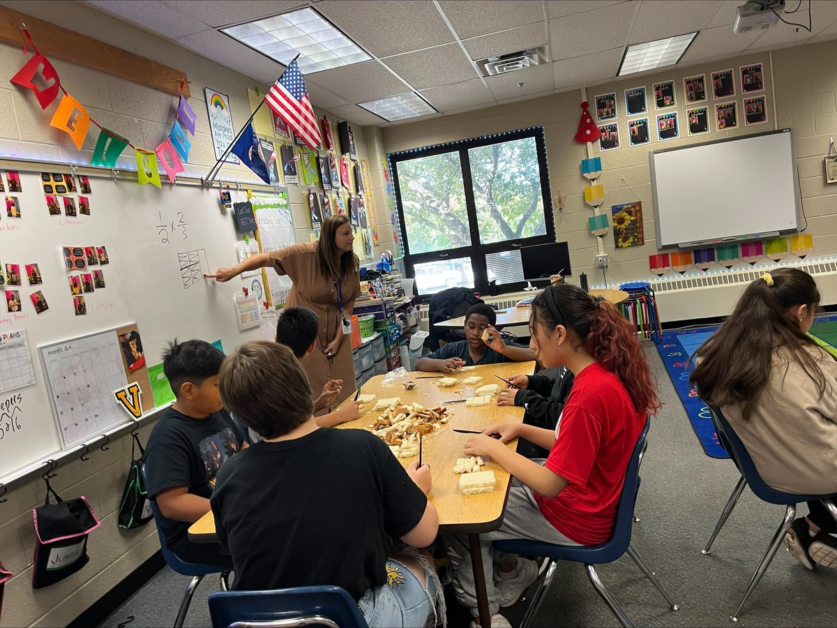 A dear colleague captured this moment today. Occasionally I get off the wall ideas for teaching math and this takes the cake! 5 loaves of bread later, my kiddos have a conceptual understanding of fraction multiplication! <a href="/centreridgees/">Centre Ridge Rams</a> #CRESconnections <a href="/Region4FCPS/">Region 4</a> #mathisfun