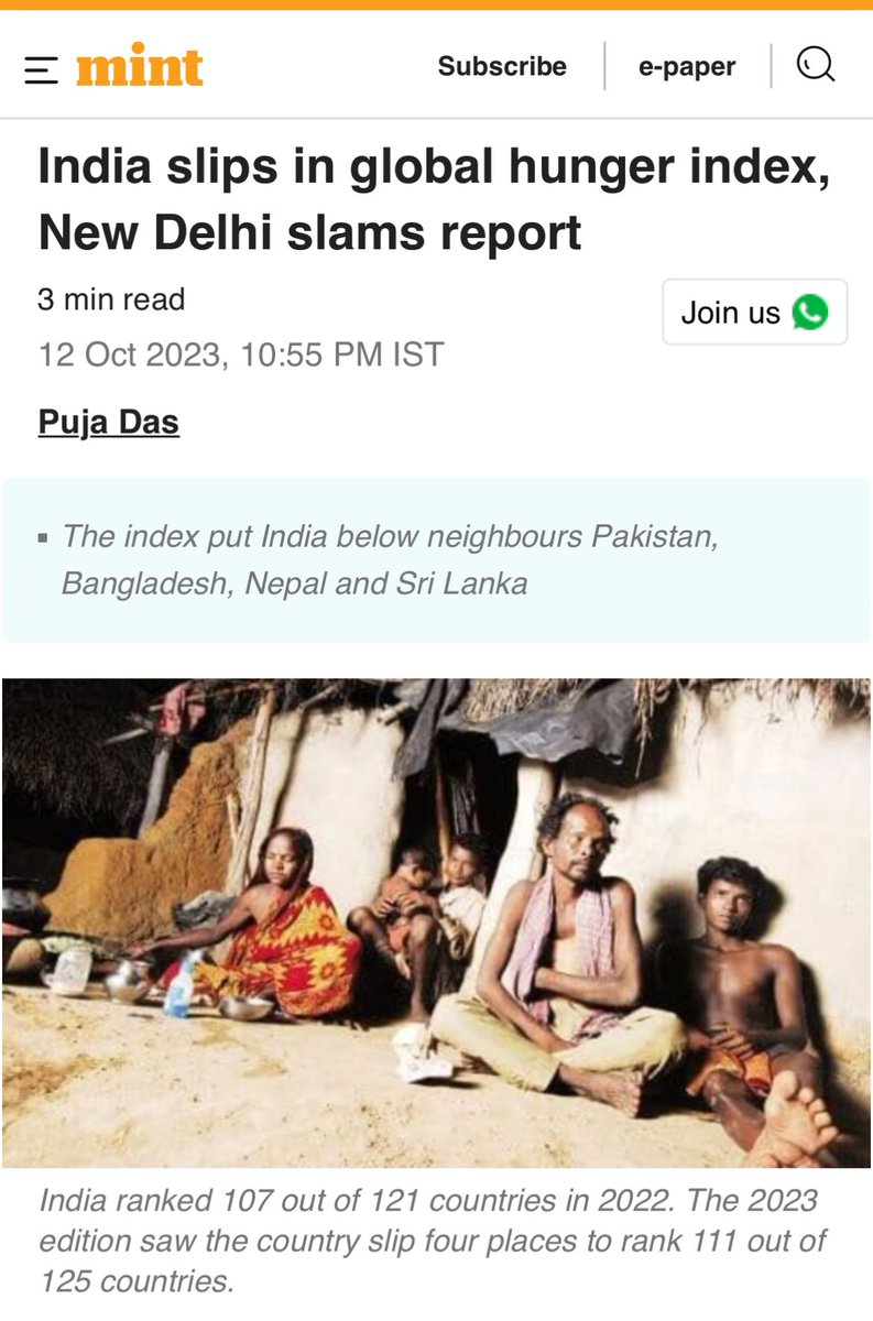 SaketGokhale's tweet photo. India has further slipped 4 places in the latest Global Hunger Index. 

We now rank below Pakistan, Sri Lanka, & Bangladesh in terms of the number of people facing hunger & starvation. 

Modi Govt, as always, is in denial mode because Modi needs to be promoted as “vishwaguru”. 

We’re spending 4100 crores on G20 & 21,000 crores on 1 convention center in Delhi while millions of Indians starve & go hungry everyday. 

TV news channels will keep talking about Israel but will conveniently ignore this. 

Modi’s PR that hides the poor behind green curtains & denies even the existence of hungry Indians shows how the man cares about nothing beyond himself.