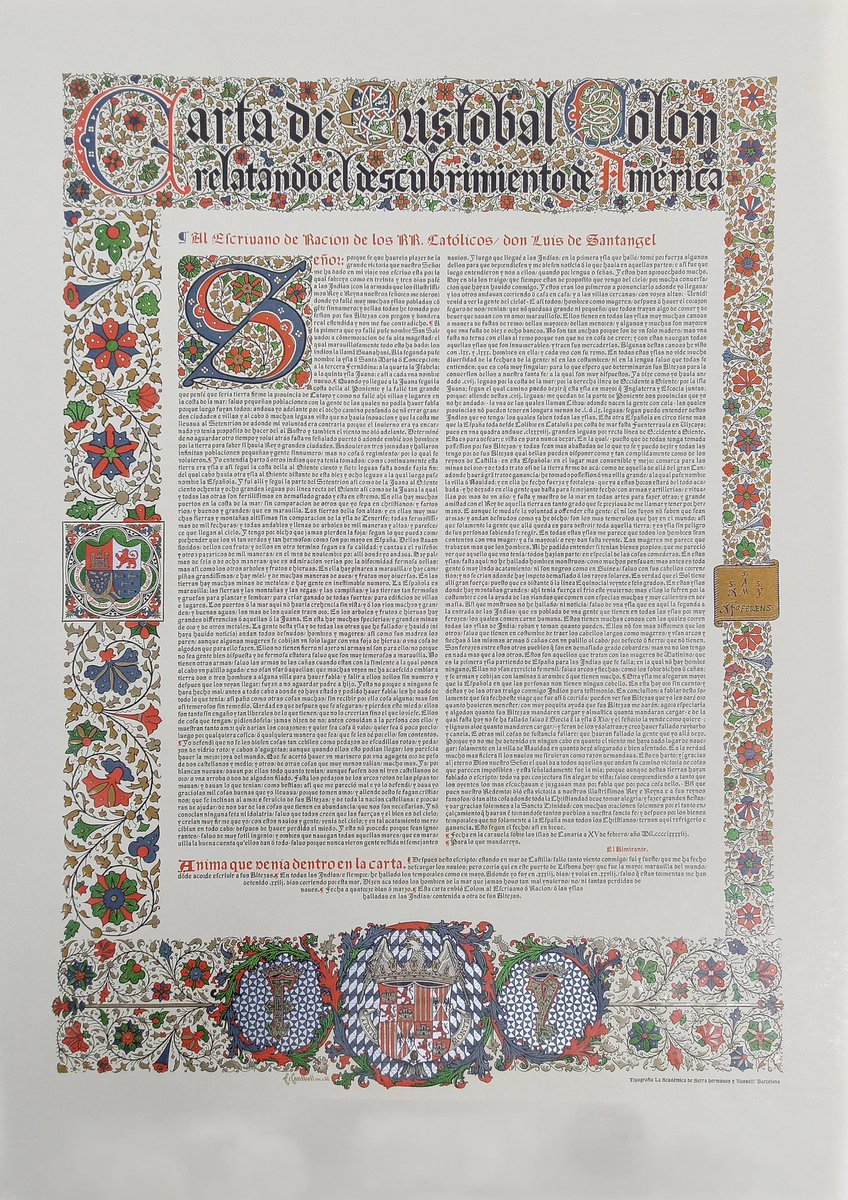 RicardoBSalinas's tweet photo. Hoy en @ColeccionesRSP les comparto esta bella edición facsimilar de la publicada en Barcelona en 1914 por el tipógrafo Eudall Canibell, de la carta donde Cristóbal Colón relata el descubrimiento de América, publicada en 1493. En esta correspondencia, Colón relata los hechos desde su partida el 3 de agosto de 1492 en las carabelas del Puerto de Palos de la Frontera; hasta la llegada triunfal al mismo puerto el 15 de marzo de 1493. También plasmó la descripción de las tierras y las personas que encontró al otro lado del Atlántico. El Almirante dirigió estas líneas a los Reyes Católicos; así como a funcionarios de alto rango en la Corte.