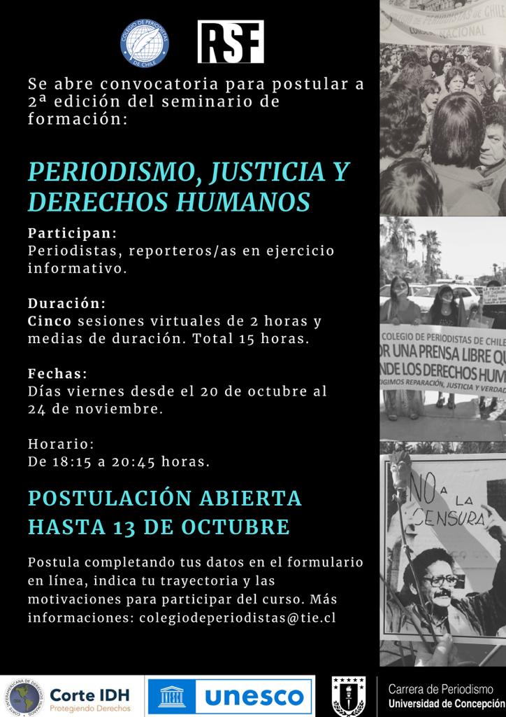 Quedan pocos días para postular e inscribirse. Va a estar güeno. 
Ayuden con la difusión, x fa.
<a href="/AgustinaBordig1/">Agustina Bordigoni</a> <a href="/ale_carmona/">Ale Carmona</a> <a href="/Jojamon/">Jojamón</a> @cantarranasur <a href="/Xinich2/">Balbina Flores Martínez</a> <a href="/OdcChile/">Observatorio del Derecho a la Comunicación ODC</a> <a href="/CataLaReina/">Catalina Valenzuela Maureira💚</a> <a href="/javierferreiraj/">Javier Ferreira</a> <a href="/Radioelectriko/">Javier García</a> <a href="/leylanz/">leyla</a> <a href="/masterjosefa/">Josefa Barraza</a> <a href="/mariamaracas/">Maria Astrid Toscano</a> <a href="/marcelgaet/">marcel fredy gaete</a> <a href="/estardecastel/">daniel cerda z</a>